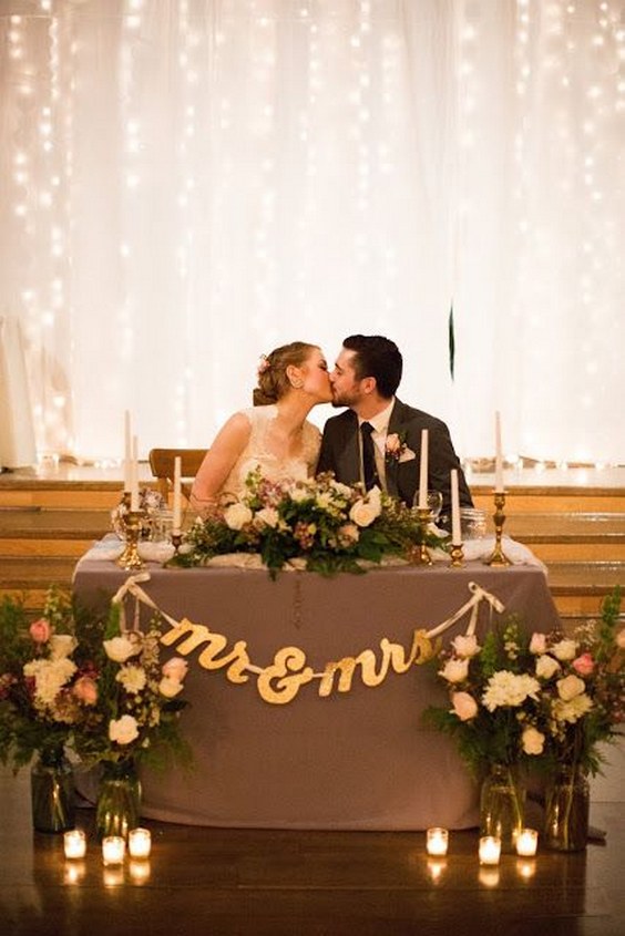 Mr & Mrs sweetheart table with twinkle light backdrop and bride and groom kiss