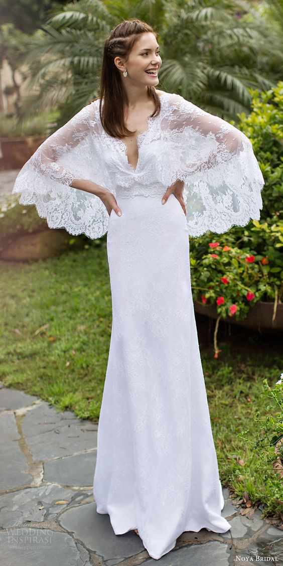NOYA BRIDAL 2016 cape flutter sleeves v neck sheath lace wedding dress