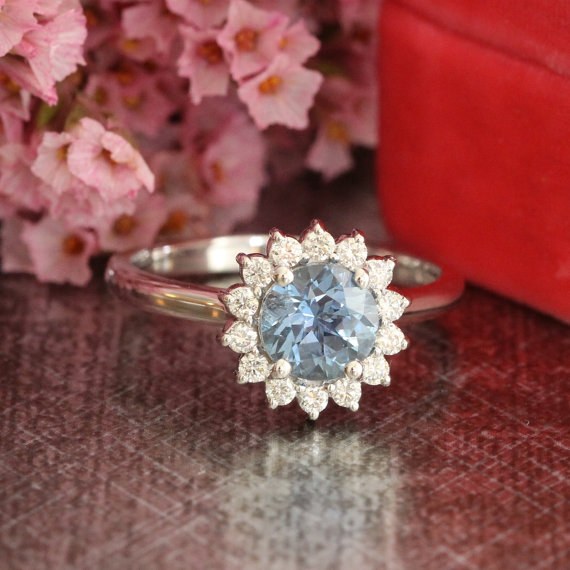 Natural Blue Sapphire Engagement Ring in 14k White Gold Halo Diamond Cluster Ring 1.14 ct Blue Gemstone Ring