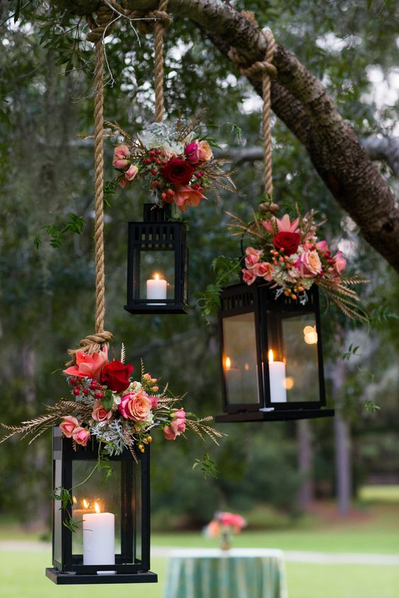 Pink Flower-Decorated Hanging Lantern Wedding Decor