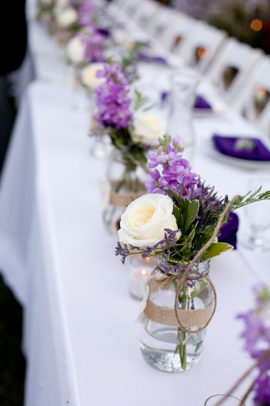 Purple rustic wedding centerpieces with mason jars and burlap