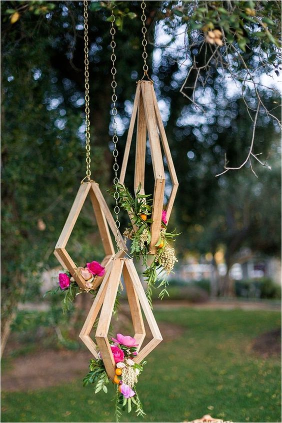 Rustic Geometric Hanging Wedding Decor with Colorful Flowers