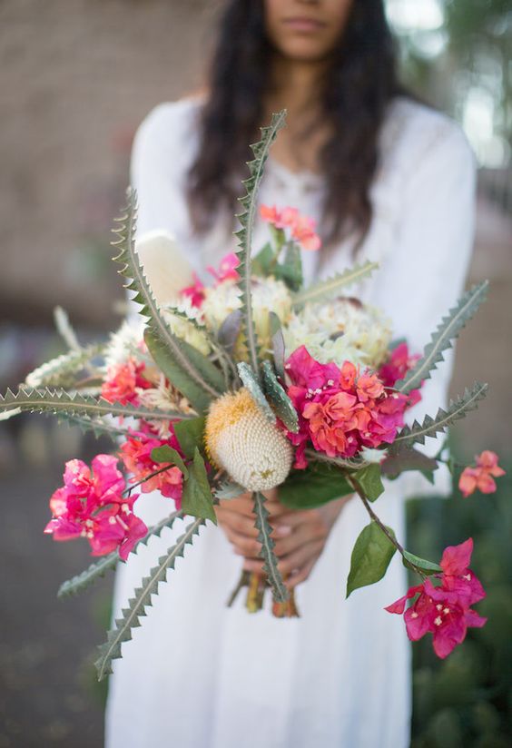Southwestern wedding bouquet with bougainvillea and cactus
