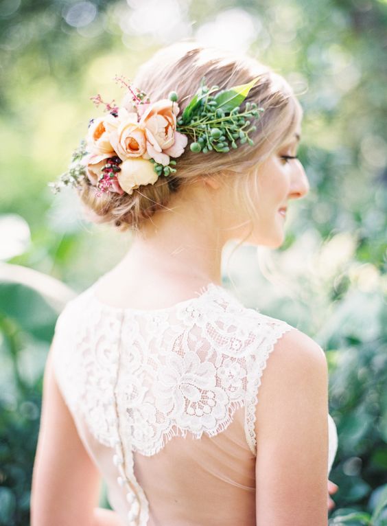 Summer floral accented bridal hairstyle