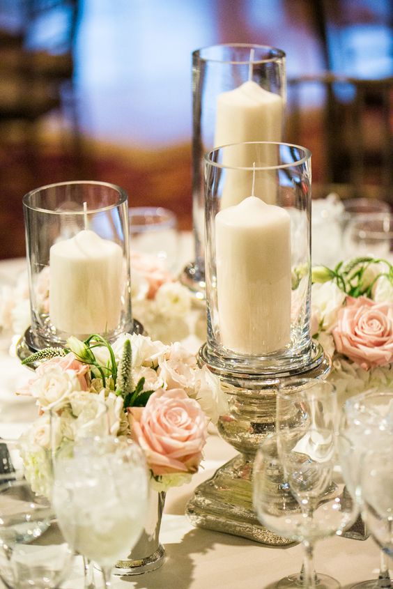 Tall White Candles in Glass Votives Wedding Centerpiece