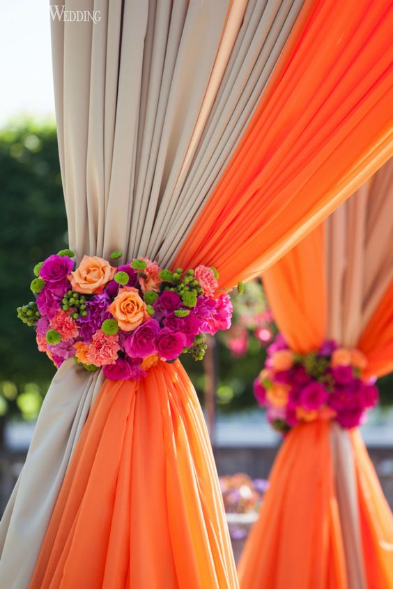 Vibrant orange and pink Indian wedding, Indian ceremony, mandap, wedding flowers