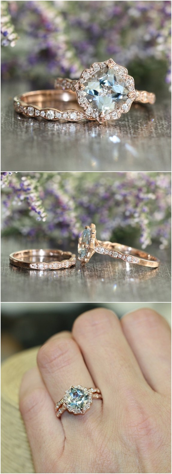 Vintage Floral Aquamarine Engagement Ring and Scalloped Diamond Wedding Band Bridal Set