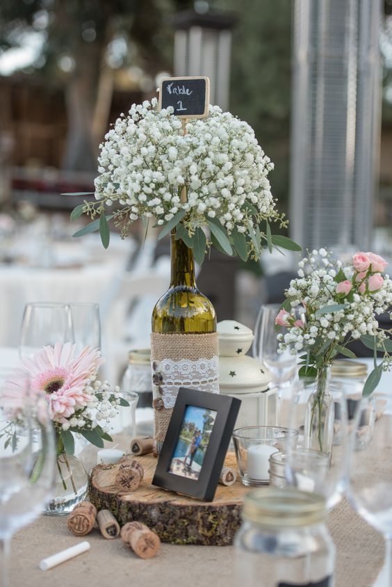 Wine Bottle Centerpieces with Baby's Breath