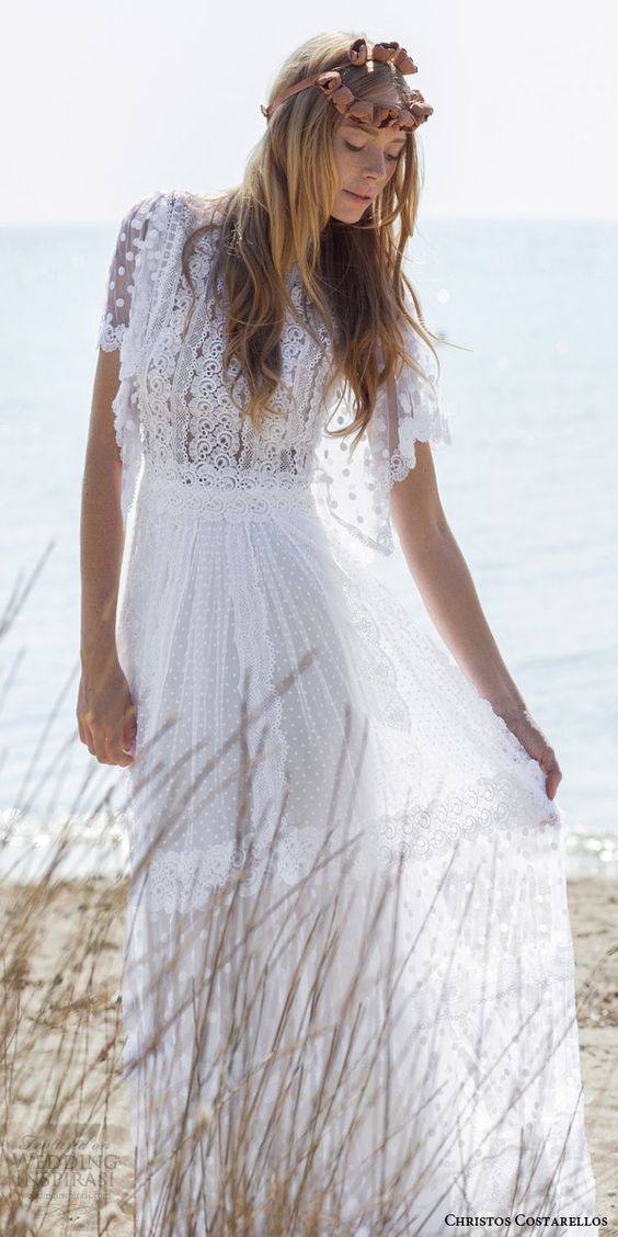 christos costarellos bridal spring 2016 romantic bohemian lace wedding dress flutter sleeves guipure dotted net