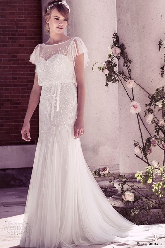 ellis bridal 2015 wedding dress vintage flutter sheer sleeves sequins embellishment tulle fluted blouson gown style 15160
