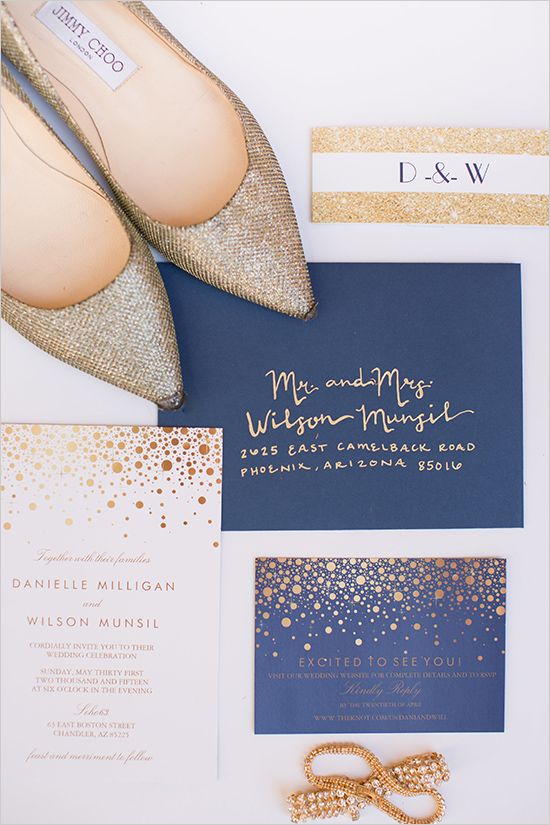 gold and navy wedding details