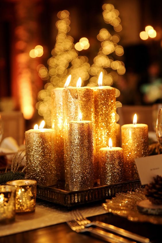 gold glitter candles wedding centerpiece