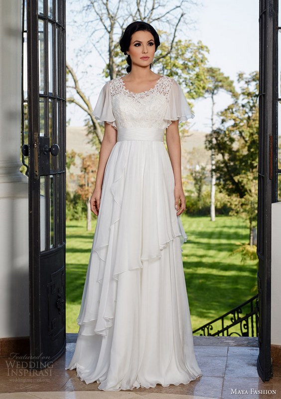 maya fashion 2015 royal bridal collection romantic flutter sleeve wedding dress a line silhouette lace bodice
