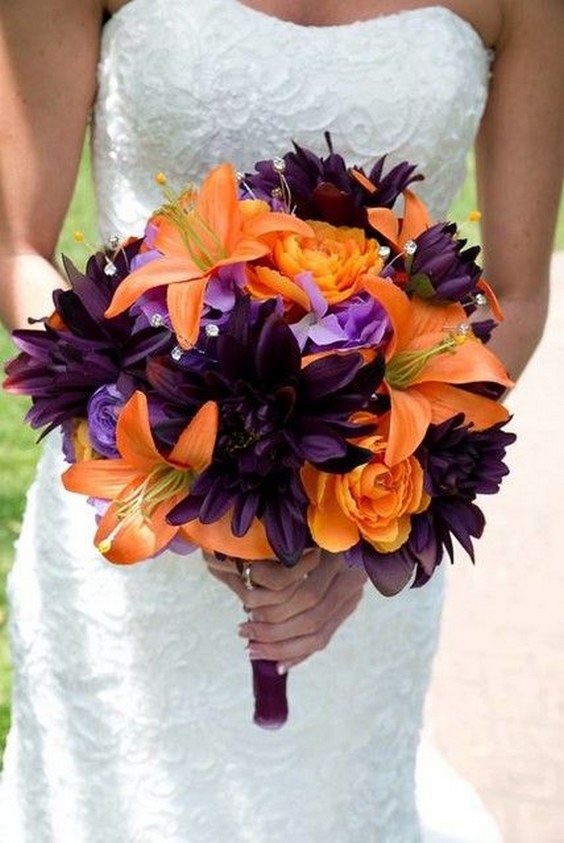orange purple fall wedding bouquet
