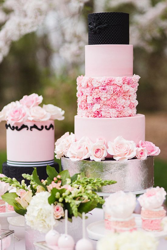 pink rose wedding cake with black accents