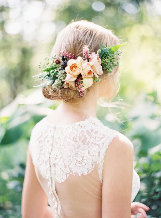 prettiest fresh floral hair clip wedding updo hairstyle