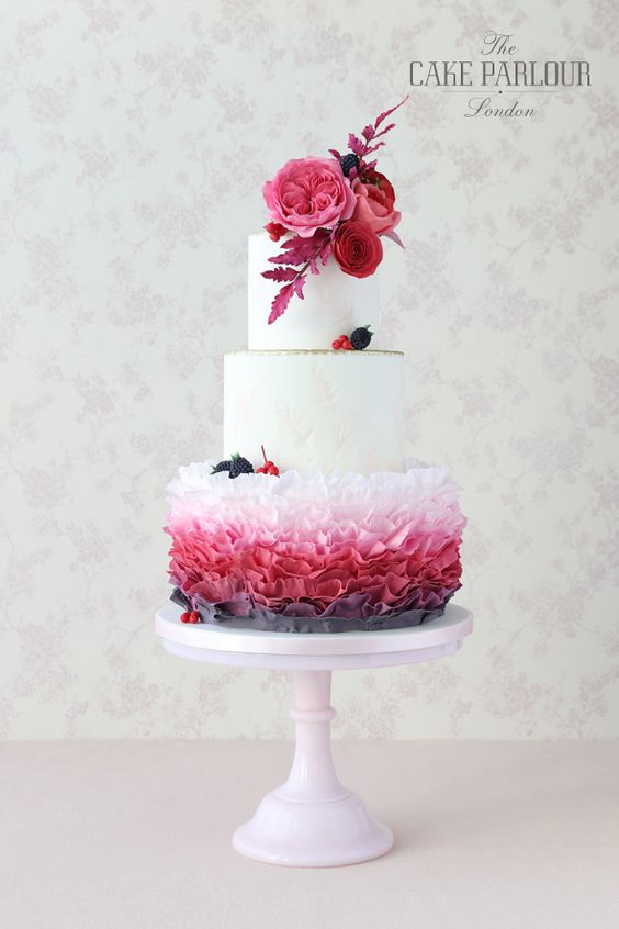 red ombre ruffles wedding cake
