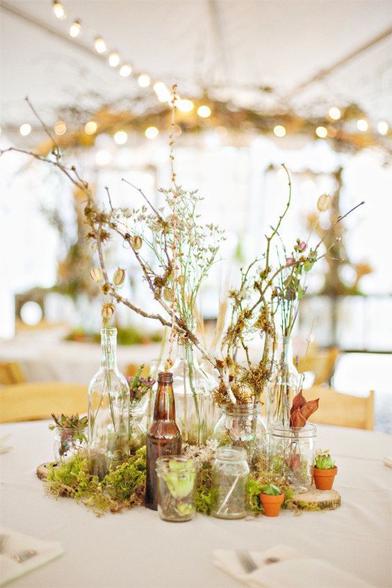 rustic country mossy branches wedding centerpiece