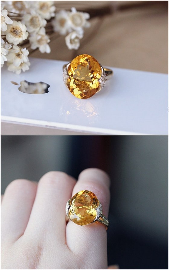 11ct Oval Citrine Ring Solid 14K Yellow Gold Citrine Wedding Ring