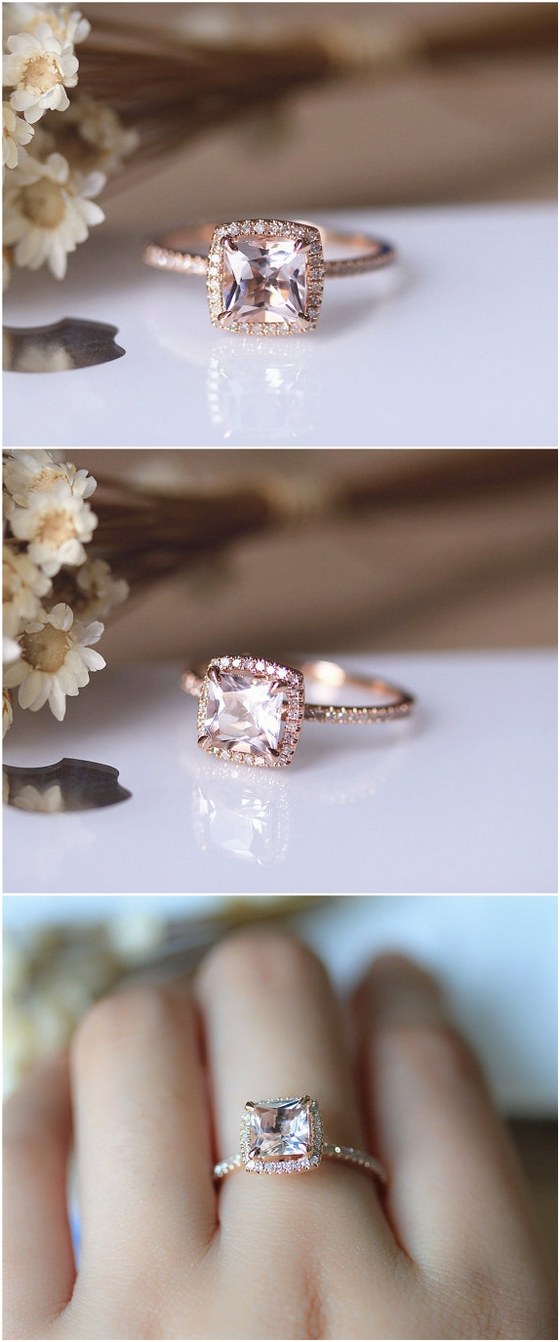 6.5mm Princess Cut Morganite Engagement Ring Solid 14K Rose gold Wedding Ring Anniversary Ring Bridal Ring Set