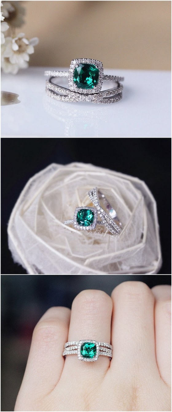6mm Cushion Emerald Ring Set Solid 14K White Gold Wedding Ring Emerald Engagement Ring Set