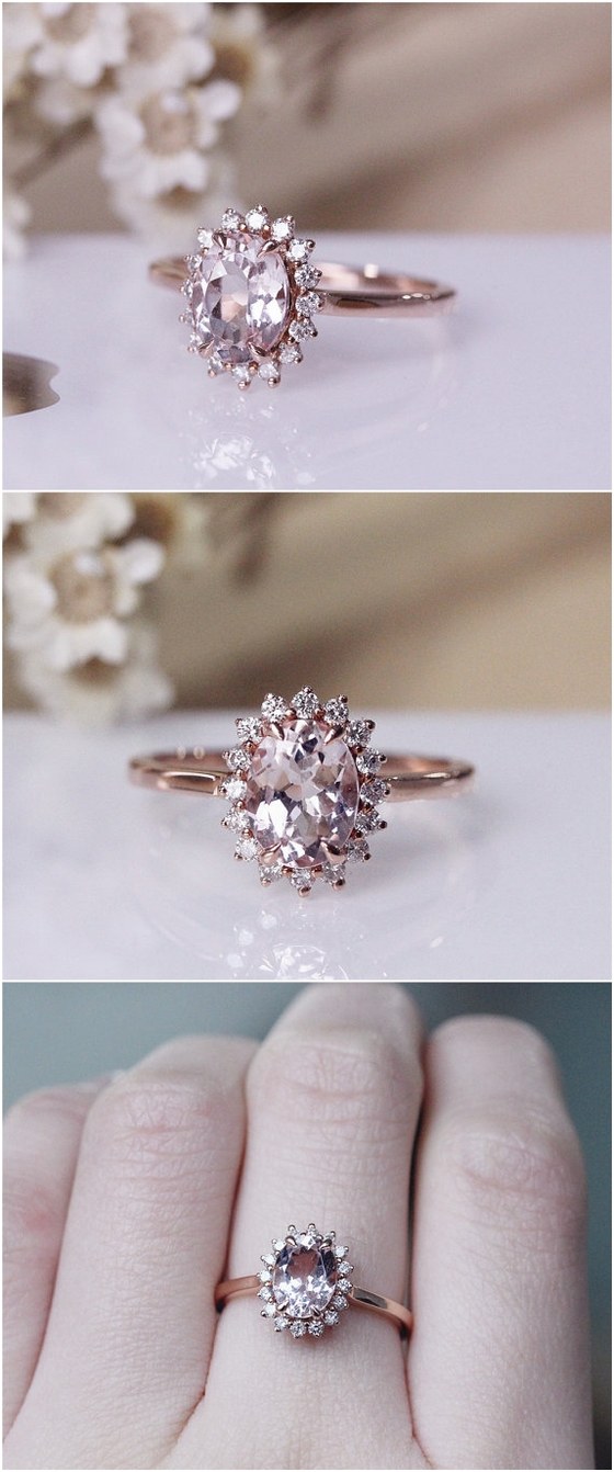 6x8mm Vintage Morganite Ring 14K Rose Gold Pave Milgrain Diamonds Morganite Engagement Ring