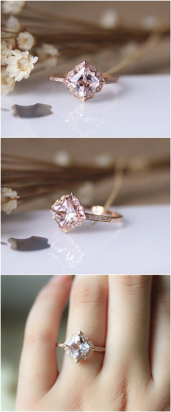 7mm Princess Vintage Floral Morganite Engagement Ring Solid 14K Rose gold Wedding Ring