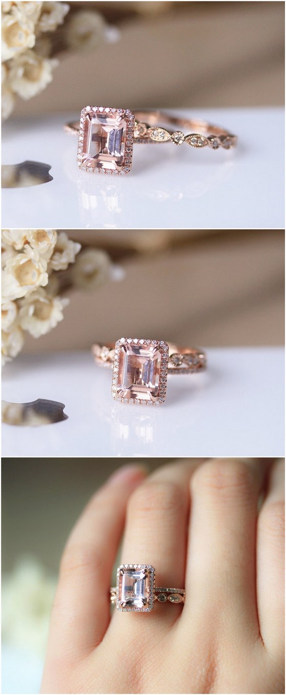7x9mm Emerald Cut VS Morganite Solid 14K Rose Gold Ring Set Morganite Engagement Ring Set Wedding Ring Set