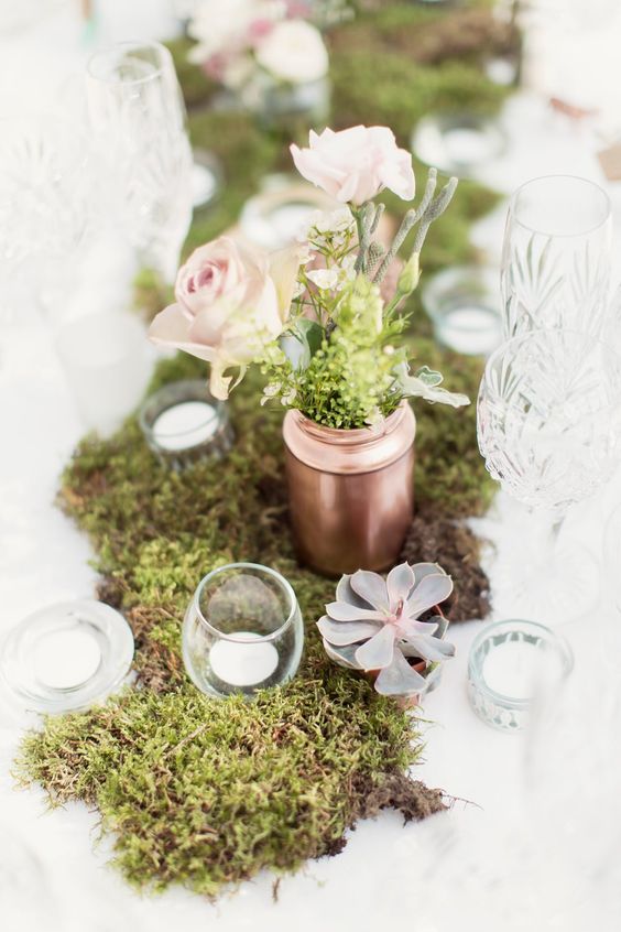 Botanical Moss & succulents table runner with votives & spray painted copper jars
