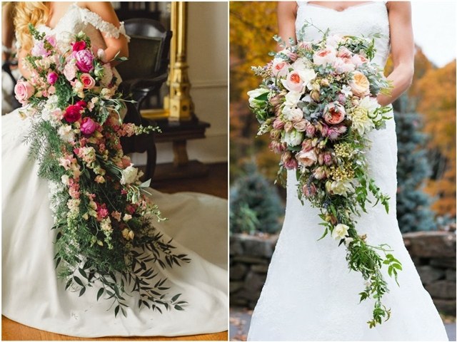 Cascading green and white wedding bouquets