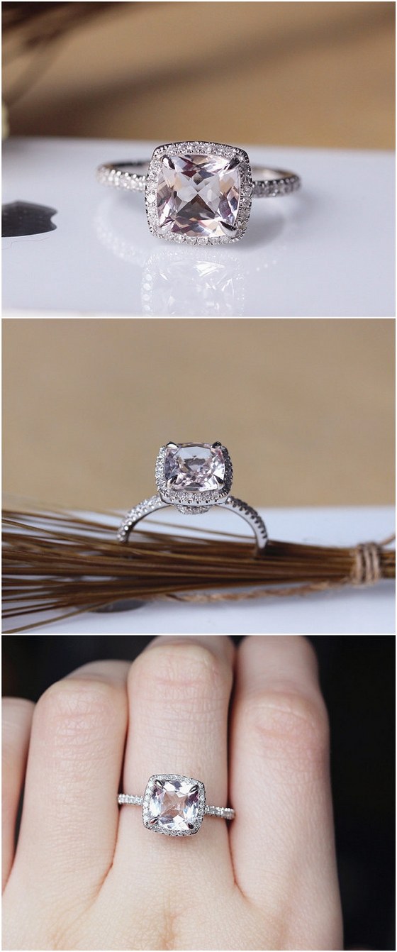 Cushion Cut Morganite Ring Solid 14K White Gold Morganite Engagement Ring Wedding Ring