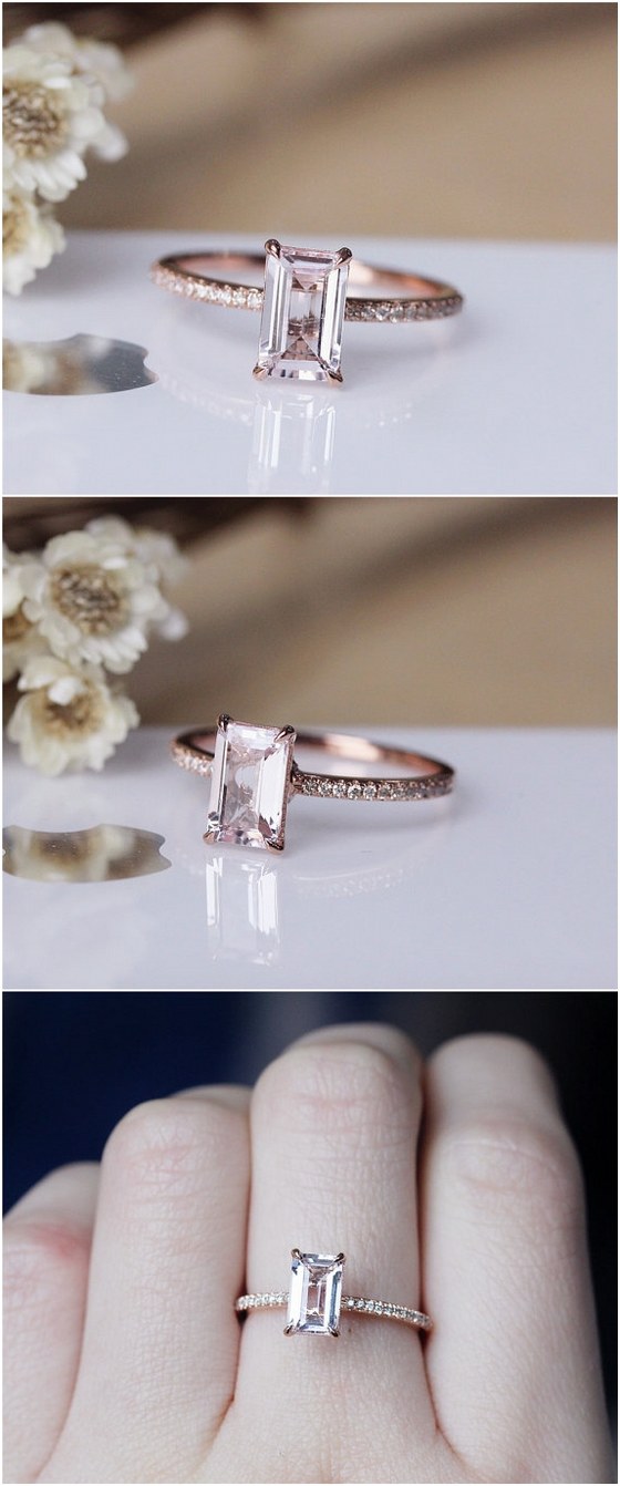 Emerald Cut Morganite Ring Solid 14K Rose Gold Morganite Engagement Ring