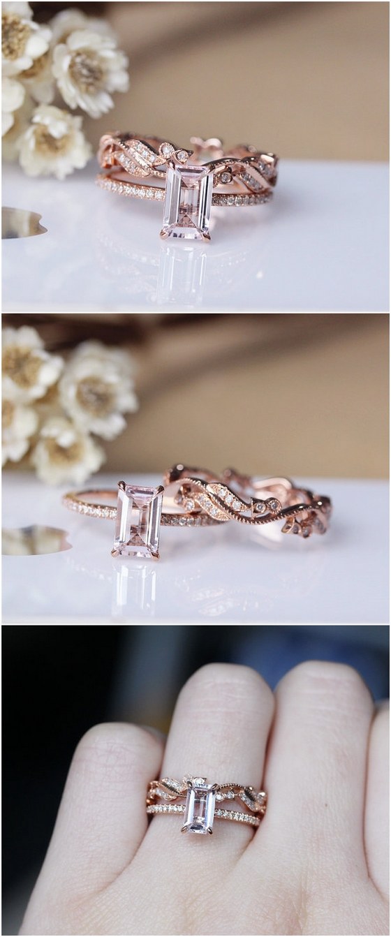 Emerald Cut Solid 14K Rose Gold Morganite Ring Set Morganite Engagement Ring Set Wedding Ring Set