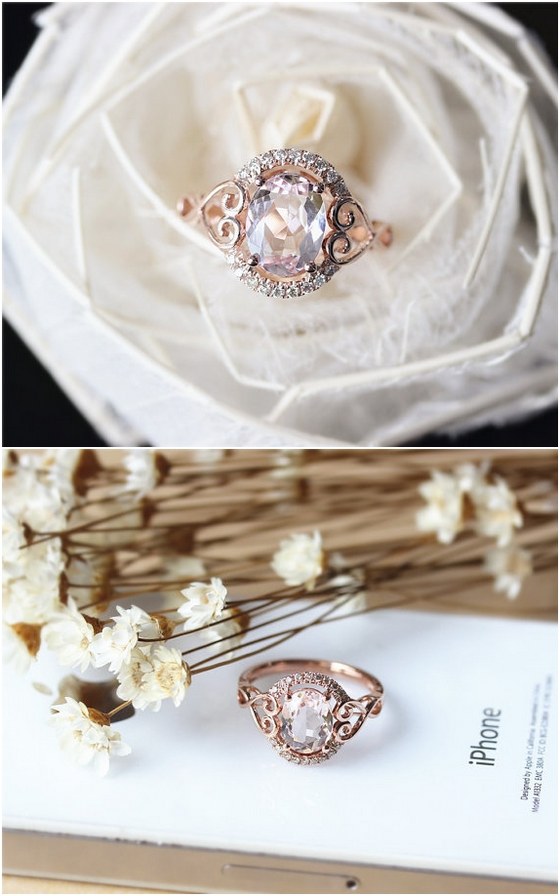 Fancy Oval Pink Morganite Ring Solid 14K Rose Gold Oval Morganite Engagement Ring Wedding Ring