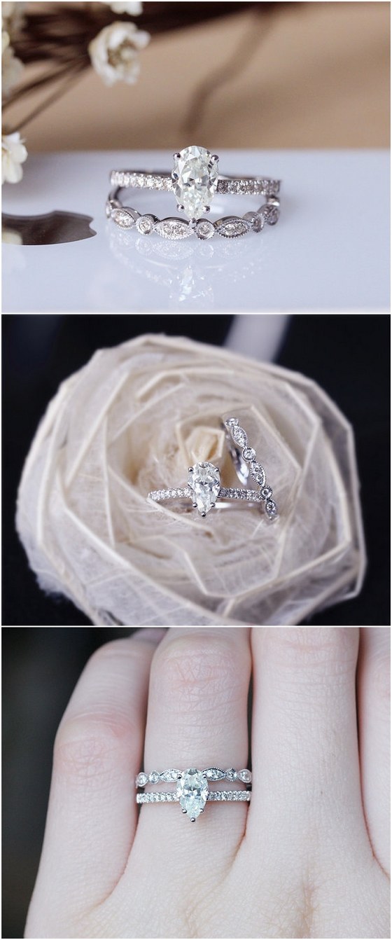 Pear Cut Forever Brilliant Moissanite Ring Set Solid 14K White Gold Moissanite Engagement Ring Set Wedding Ring Set