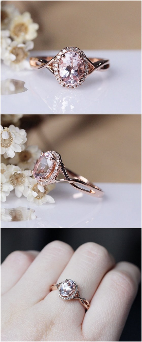 Pink Morganite Ring 6x8mm Solid 14K Rose Gold Oval Morganite Engagement Ring Wedding Ring