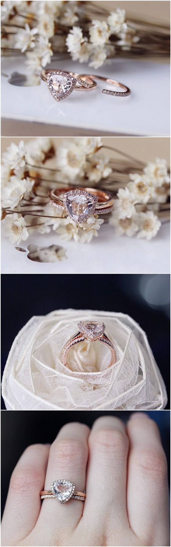 Trillion Morganite Ring Set Solid 14K Rose Gold Morganite Engagement Ring Set Wedding Ring Set Bridal Ring Set