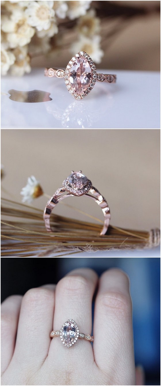 Unique Art Deco Marquise Morganite Ring 14K Rose Gold Pave Milgrain Diamonds Morganite Engagement Ring Solid Wedding Ring Anniversary Ring