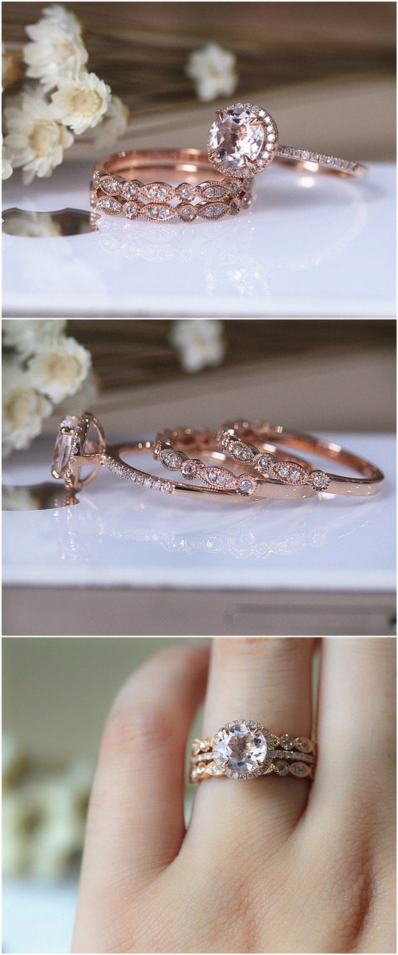 VS Morgannite Ring Set Diamond Ring Wedding Ring Set Solid 14K Rose Gold Morganite Engagement Ring Set