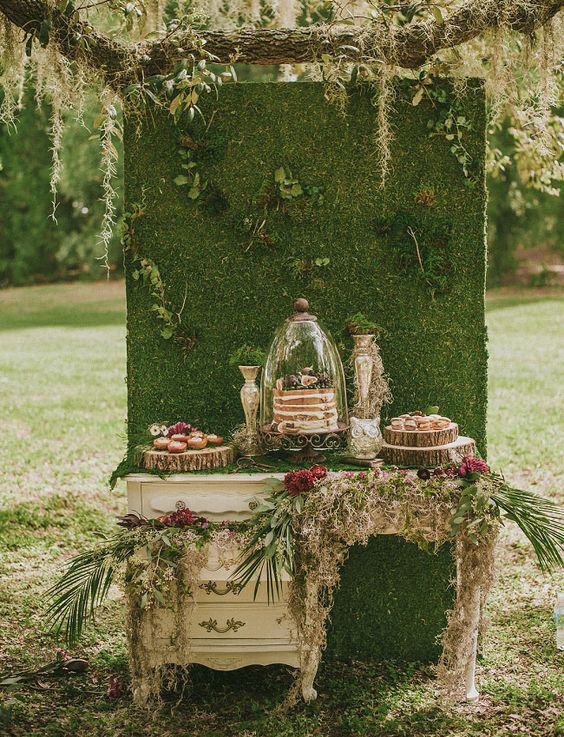 Vintage woodland cake table and dessert bar