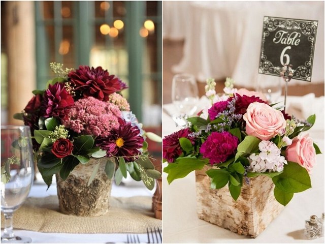 rustic country bark container wedding centerpiece