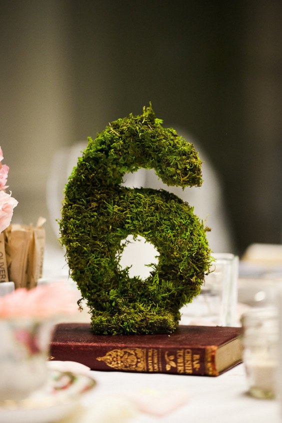 rustic moss wedding table number centerpiece