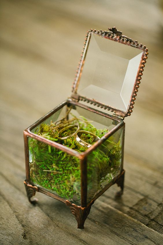 rustic wedding ring box with moss