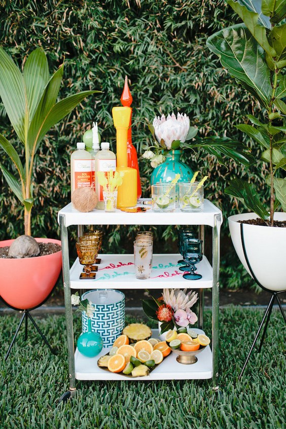 Bright Boho tropical bridal shower drink bar decor