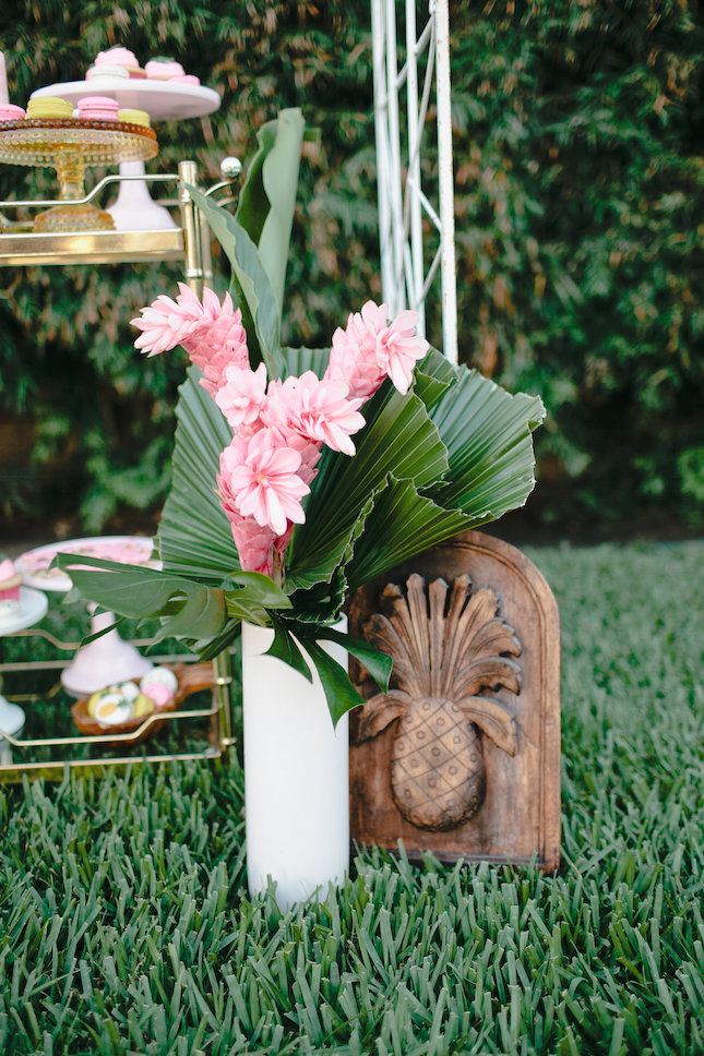 Bright pink tropical bridal shower decor