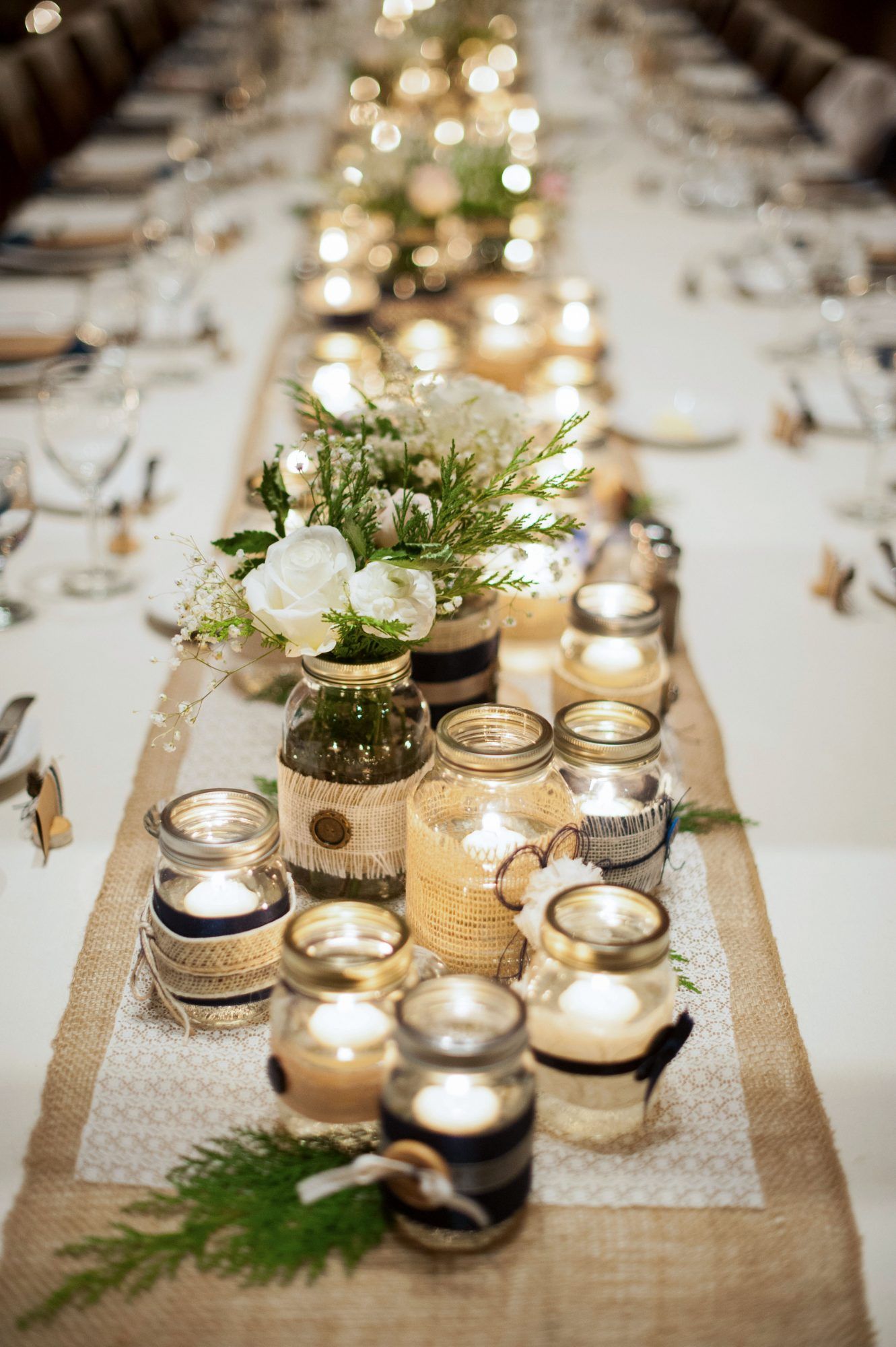 Candles and Mason Jar Wedding Centerpiece