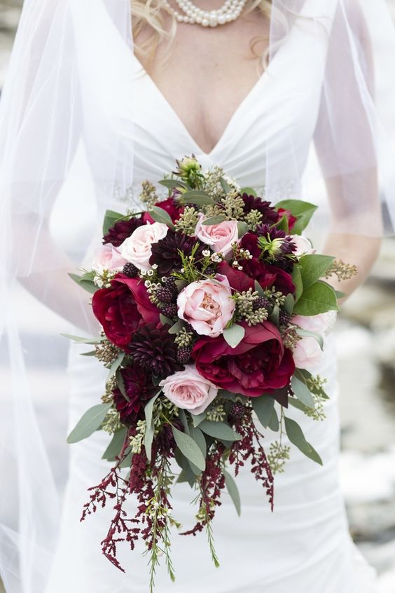 Cascading Dark Red Fall Wedding Bouquet