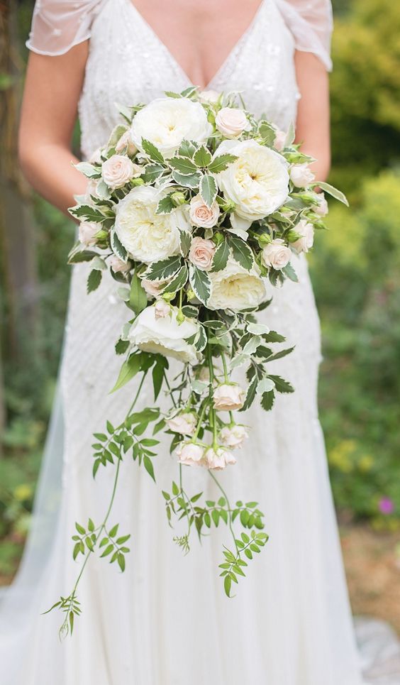 Cascading green and white wedding bouquet