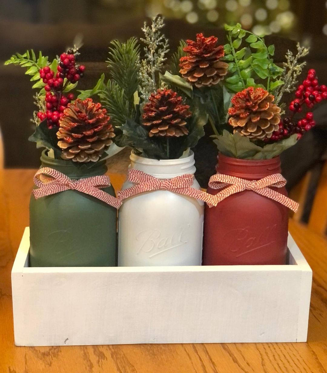 Christmas green and red mason jar wedding centerpiece
