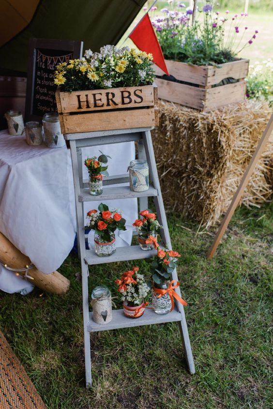 Crate Ladder Flowers Jars Festival Tipi Bluebell Woods Wedding